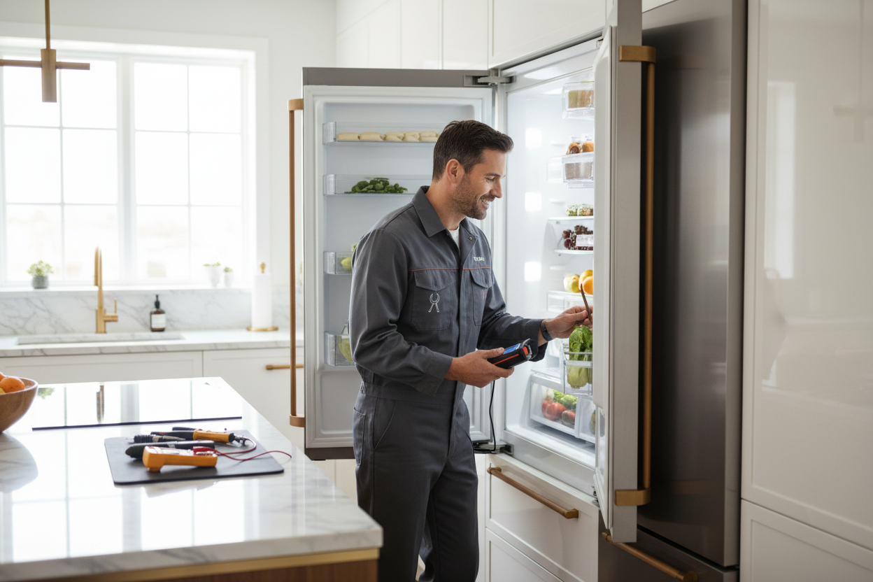 Professional appliance repair technician inspecting a built-in refrigerator